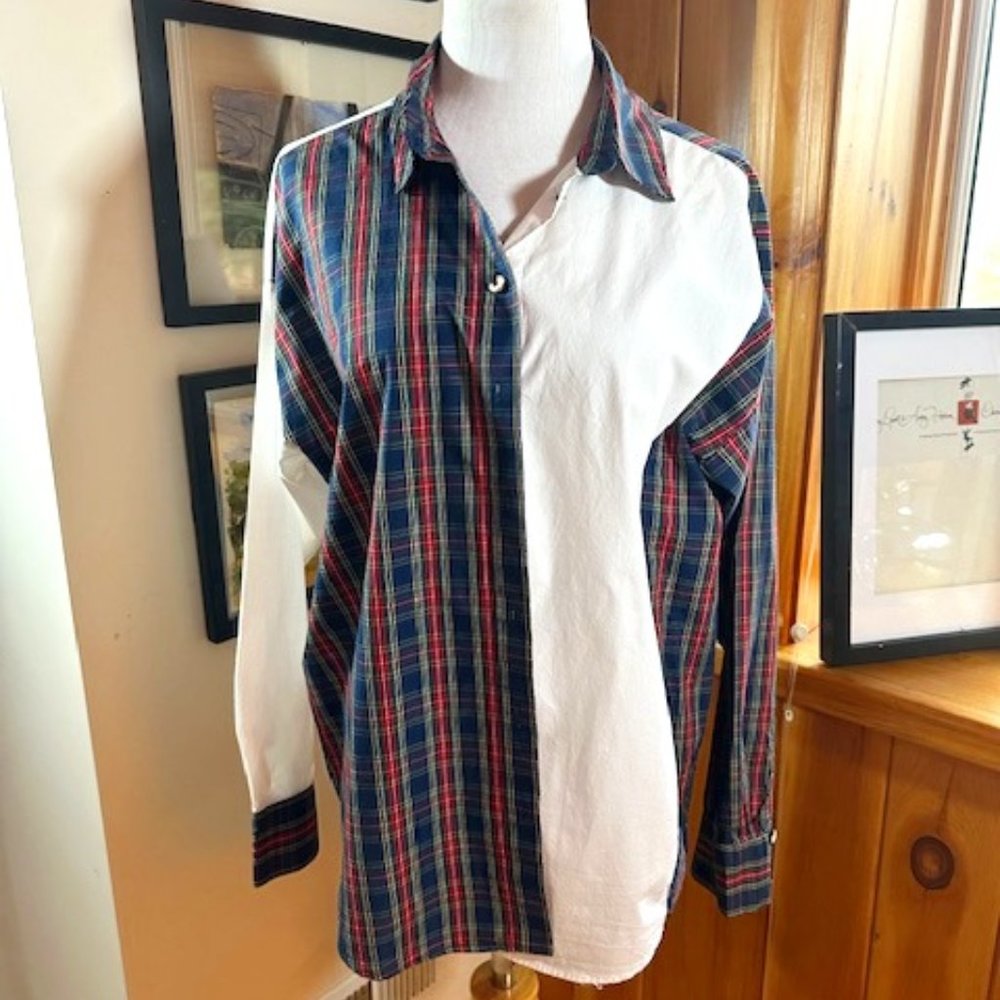 ZARA Basic White Cotton and Blue, Red, Green Tartan Plaid Shirt – M